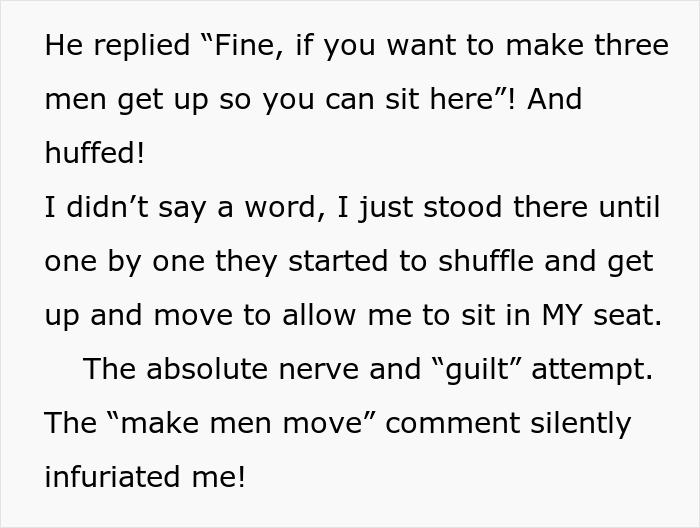 Text exchange about a man guilt-tripping a woman to make men move for her seat. Text exchange about a man guilt-tripping a woman to make men move for her seat.