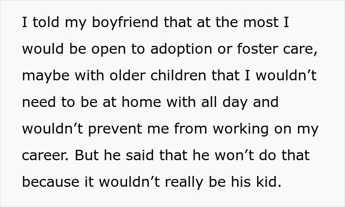 Text describing concerns about motherhood and discussions on adoption and foster care with boyfriend. Text describing concerns about motherhood and discussions on adoption and foster care with boyfriend.