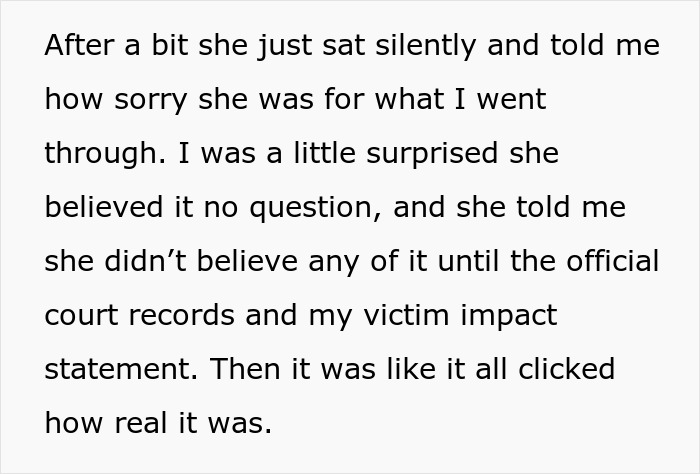 Text exchange about ex's criminal record revealed to current wife, expressing disbelief and realization. Text exchange about ex's criminal record revealed to current wife, expressing disbelief and realization.