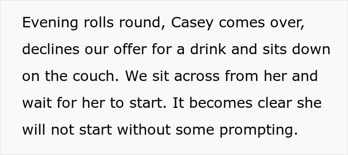 Text conversation about Casey, a declining drink, and the need for prompting, linked to open relationship claims and infertility. Text conversation about Casey, a declining drink, and the need for prompting, linked to open relationship claims and infertility.