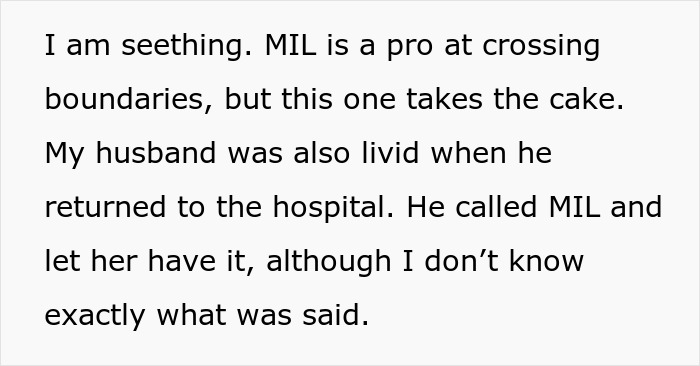Text describing a pregnant woman upset at hospital after MIL's boundary overstep. Text describing a pregnant woman upset at hospital after MIL's boundary overstep.