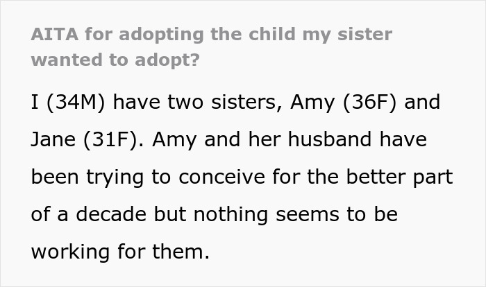 Text discussing brother adopting deceased sibling's baby, mentions sister's fertility struggles. Text discussing brother adopting deceased sibling's baby, mentions sister's fertility struggles.