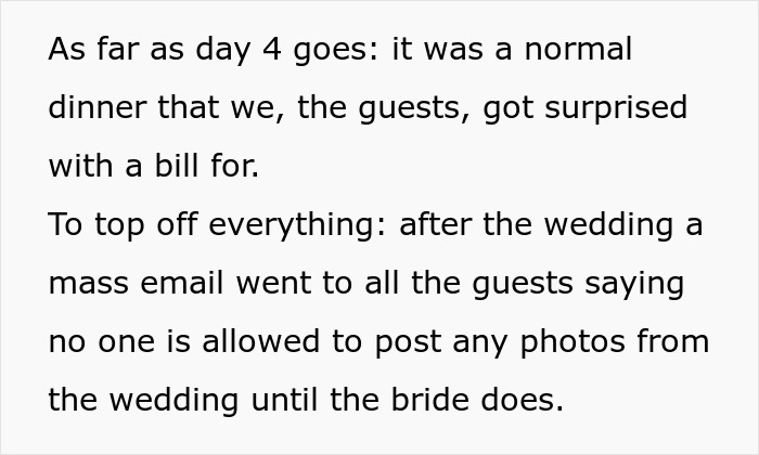 Text from a wedding highlighting a surprise bill for guests and a request to withhold photos until after the bride posts. Text from a wedding highlighting a surprise bill for guests and a request to withhold photos until after the bride posts.
