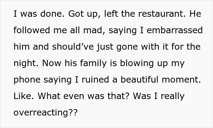 Text recounting a woman leaving her birthday dinner after a false pregnancy announcement. Text recounting a woman leaving her birthday dinner after a false pregnancy announcement.