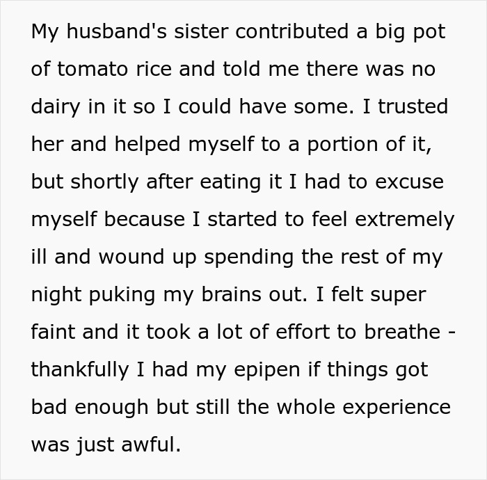 Text image detailing a woman experiencing severe reaction after eating food prepared by sister-in-law; questions if it was planned. Text image detailing a woman experiencing severe reaction after eating food prepared by sister-in-law; questions if it was planned.