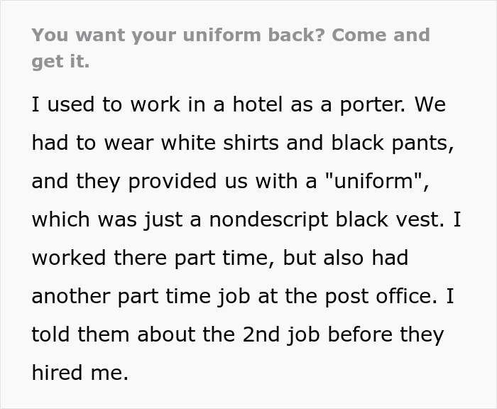 Text of a person discussing hotel porter job uniform and part-time work. Text of a person discussing hotel porter job uniform and part-time work.