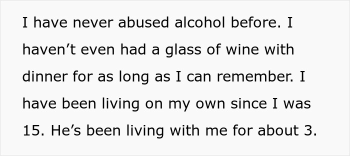 Text discussing absence of alcoholism despite family genes, mentioning independence and cohabitation with partner. Text discussing absence of alcoholism despite family genes, mentioning independence and cohabitation with partner.