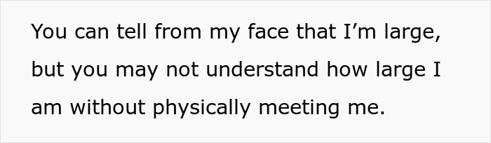 Text about new hire's size perception and challenges with flight arrangements. Text about new hire's size perception and challenges with flight arrangements.
