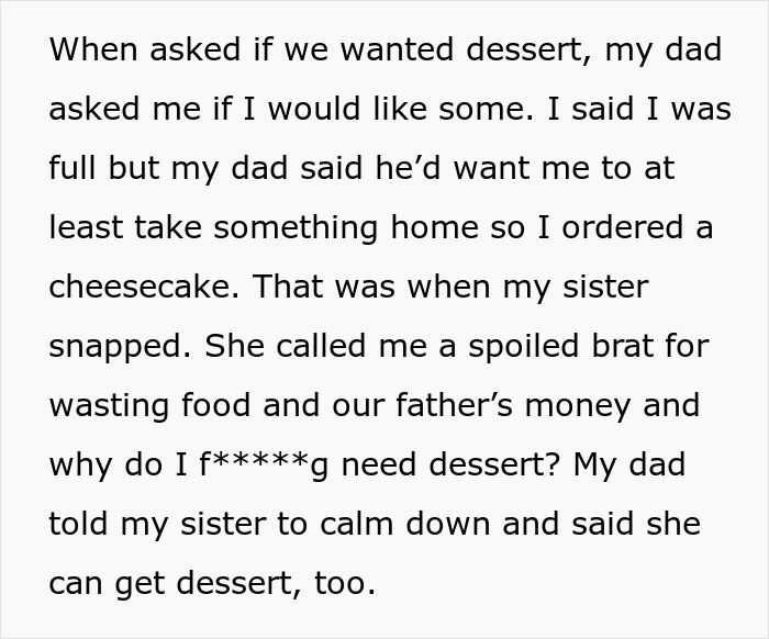 Text mentioning a family dinner conflict over ordering dessert, leading to tension between siblings. Text mentioning a family dinner conflict over ordering dessert, leading to tension between siblings.