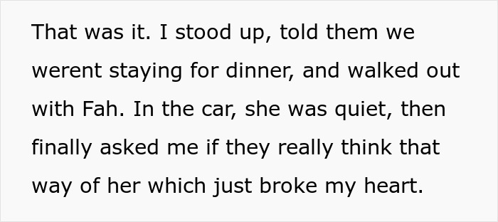 Text shows a husband's response to parents' racism towards his Thai wife, expressing heartbreak and leaving the dinner. Text shows a husband's response to parents' racism towards his Thai wife, expressing heartbreak and leaving the dinner.