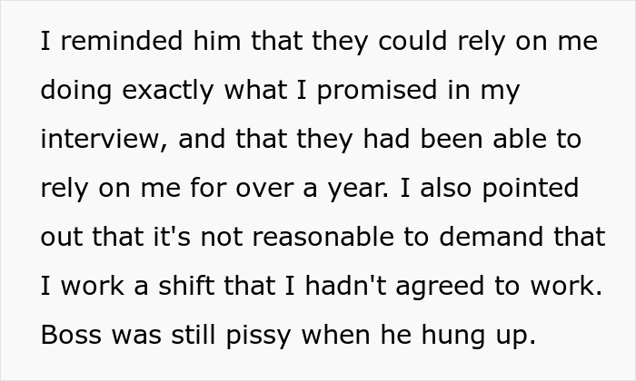 Employee defends their work reliability in conversation, highlighting unfair shift demands after being fired without notice. Employee defends their work reliability in conversation, highlighting unfair shift demands after being fired without notice.