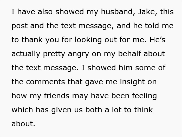 Text exchange discussing friends' feelings about a child-free woman's vacation, sparking reflection and support from her husband. Text exchange discussing friends' feelings about a child-free woman's vacation, sparking reflection and support from her husband.
