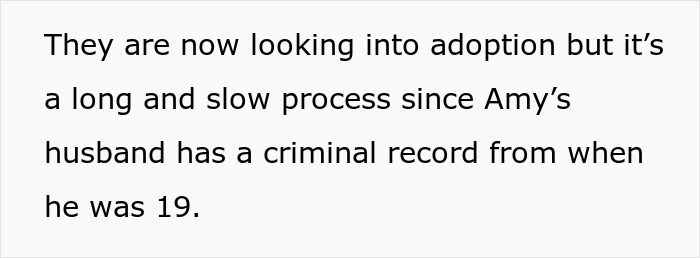 Text discussing adoption process challenges due to past criminal record affecting fertility-struggling couple. Text discussing adoption process challenges due to past criminal record affecting fertility-struggling couple.