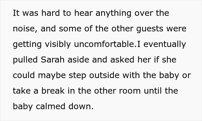 Text about difficulty hearing over noise at a friend's birthday due to a crying baby. Text about difficulty hearing over noise at a friend's birthday due to a crying baby.