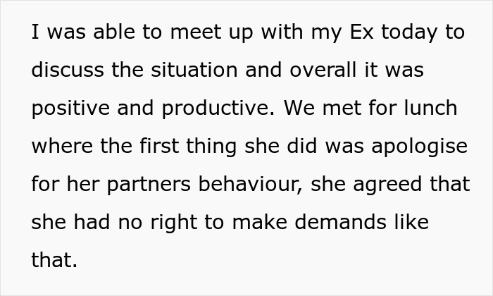 Text about a discussion with an ex, focusing on her apology regarding her partner's demands about naming a baby. Text about a discussion with an ex, focusing on her apology regarding her partner's demands about naming a baby.