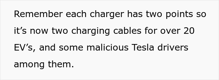 Text highlighting charging points for EVs, noting malicious Tesla drivers. Text highlighting charging points for EVs, noting malicious Tesla drivers.