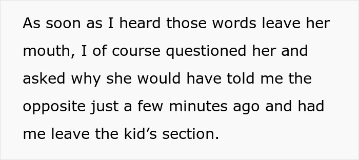 Text discussing a bookstore clerk questioning someone for being in the children's section. Text discussing a bookstore clerk questioning someone for being in the children's section.