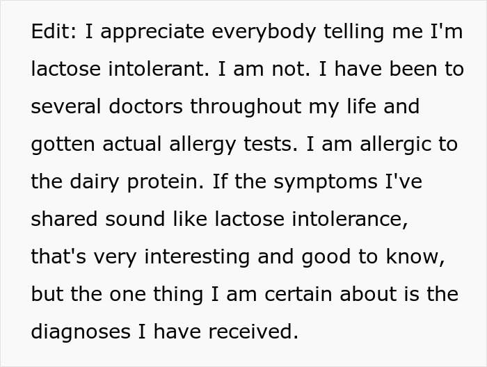 Text about an allergy diagnosis clarifying lactose intolerance confusion. Text about an allergy diagnosis clarifying lactose intolerance confusion.