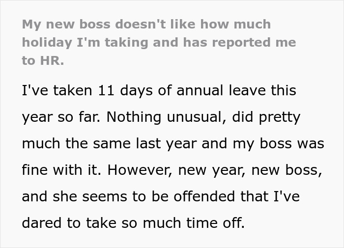 Text about an American boss reporting a European employee to HR for taking 11 days of PTO. Text about an American boss reporting a European employee to HR for taking 11 days of PTO.