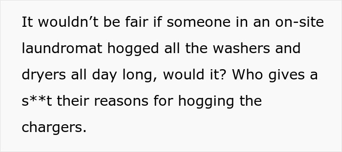 Text comparing laundry and Tesla charger hogging, questioning fairness. Text comparing laundry and Tesla charger hogging, questioning fairness.