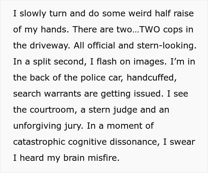 Text describing a woman imagining her arrest, with cops, a courtroom, and emotional distress over insulin quest. Text describing a woman imagining her arrest, with cops, a courtroom, and emotional distress over insulin quest.