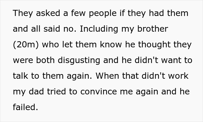 Text from an article about a woman accused of stealing, featuring a conversation with her brother and dad. Text from an article about a woman accused of stealing, featuring a conversation with her brother and dad.