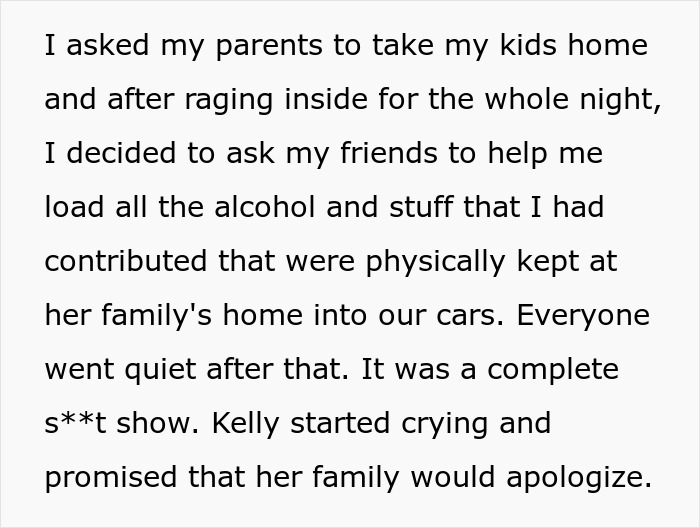 Text about a man dealing with in-laws' drunken behavior, mentioning taking kids home and packing up belongings. Text about a man dealing with in-laws' drunken behavior, mentioning taking kids home and packing up belongings.