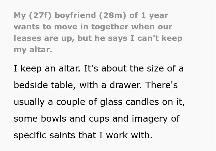Text describing a relationship issue over an altar, with a boyfriend's request related to religion. Text describing a relationship issue over an altar, with a boyfriend's request related to religion.