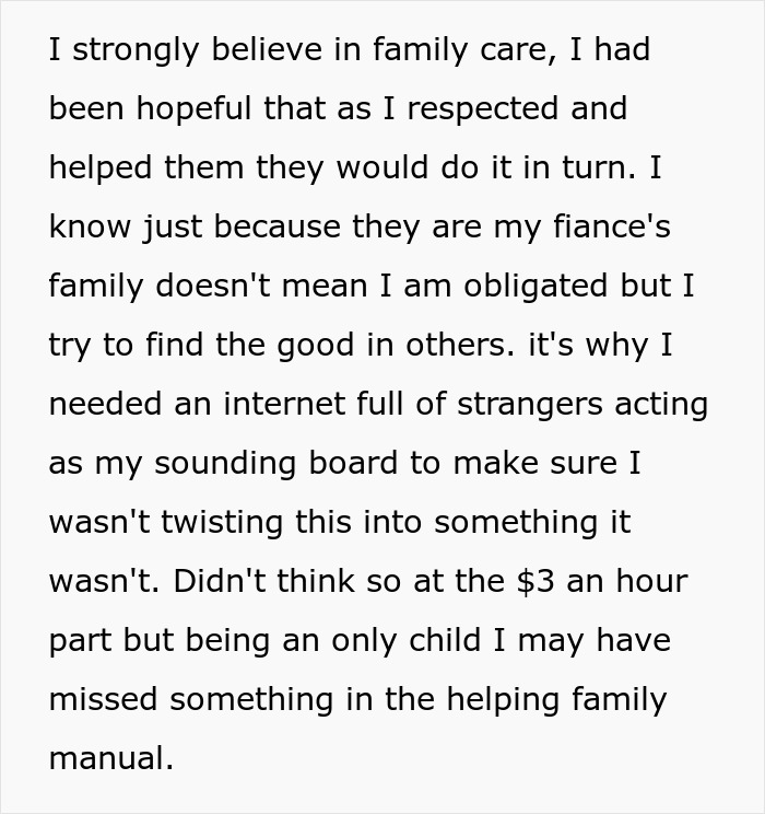 Text discussing family demands for $3 an hour babysitting, expressing hope for mutual respect and help. Text discussing family demands for $3 an hour babysitting, expressing hope for mutual respect and help.