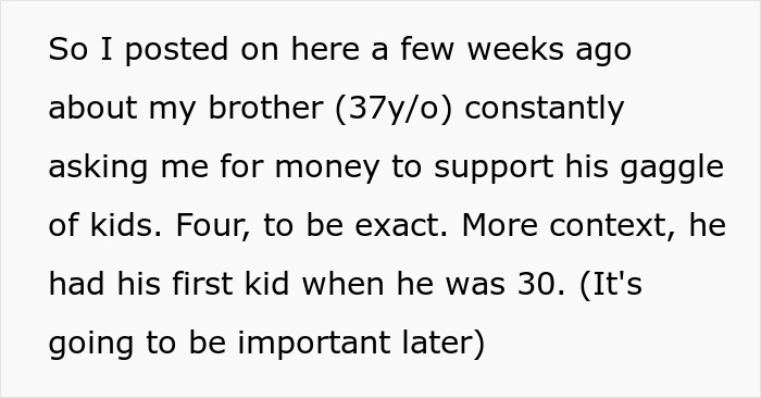 Text discussing brother's habit leading to multiple pregnancies and financial dependency on sibling. Text discussing brother's habit leading to multiple pregnancies and financial dependency on sibling.
