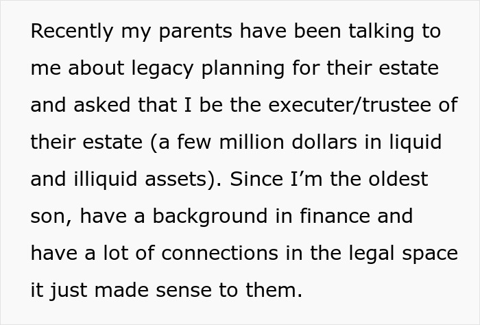 Gay man discusses estate planning, chosen as executor due to finance background and legal connections. Gay man discusses estate planning, chosen as executor due to finance background and legal connections.