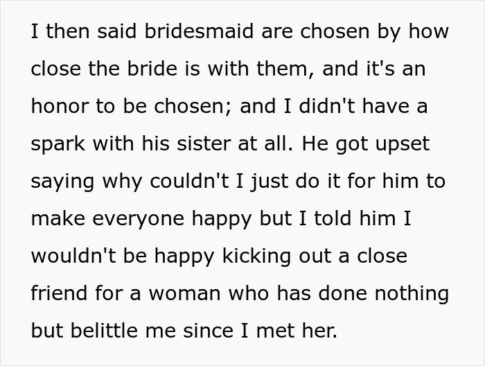 Text discussing a woman questioning her wedding due to fiancé siding with his sister, who bullies her. Text discussing a woman questioning her wedding due to fiancé siding with his sister, who bullies her.