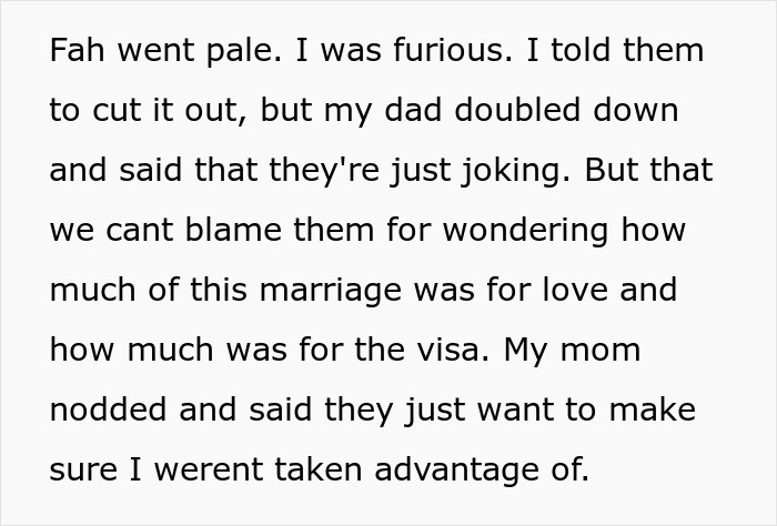 Text image discussing parents' racist comments towards son's Thai wife about marriage motives. Text image discussing parents' racist comments towards son's Thai wife about marriage motives.