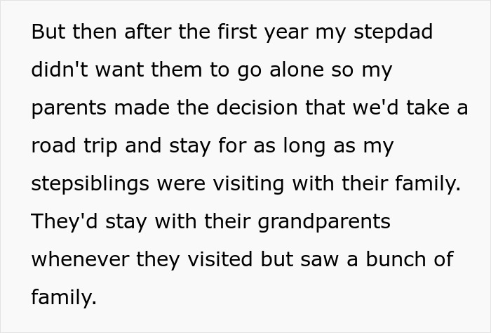 Text excerpt discussing stepsiblings visiting their family during a road trip with parents and grandparents. Text excerpt discussing stepsiblings visiting their family during a road trip with parents and grandparents.
