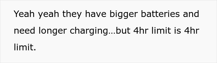 Text discussing Tesla drivers and charging time limits, highlighting a four-hour restriction. Text discussing Tesla drivers and charging time limits, highlighting a four-hour restriction.