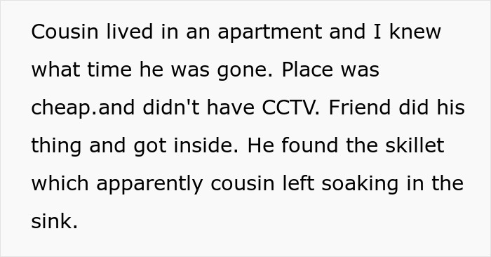 Text about a cousin's apartment and a stolen skillet soaking in a sink. Text about a cousin's apartment and a stolen skillet soaking in a sink.