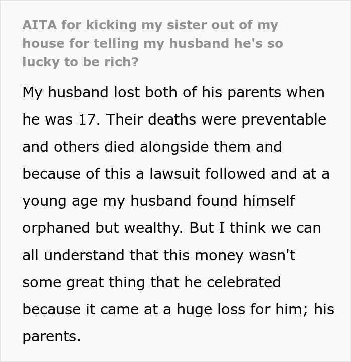 Text discussing sister's comment about husband's wealth and the loss that made him rich. Text discussing sister's comment about husband's wealth and the loss that made him rich.