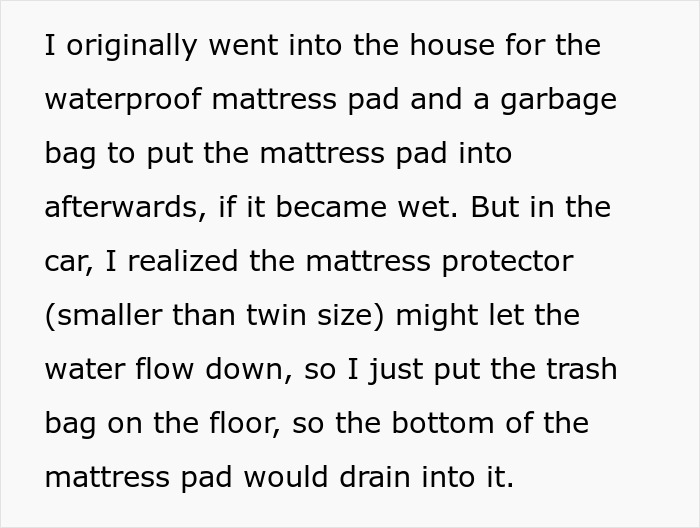 Text explaining the use of trash bags to waterproof a car interior for a pregnant passenger. Text explaining the use of trash bags to waterproof a car interior for a pregnant passenger.