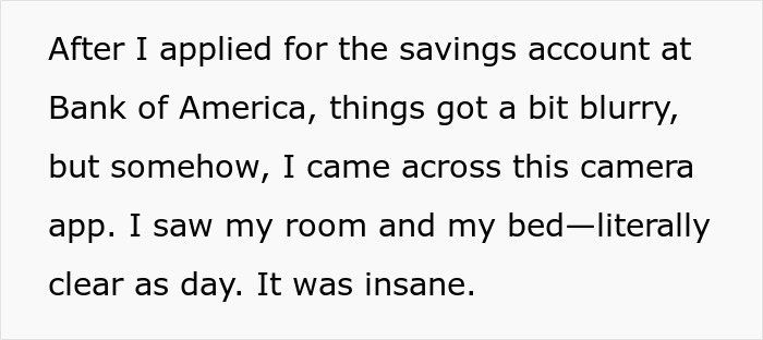 Text recounts discovering a hidden camera app revealing bedroom, linking to secret surveillance concern. Text recounts discovering a hidden camera app revealing bedroom, linking to secret surveillance concern.