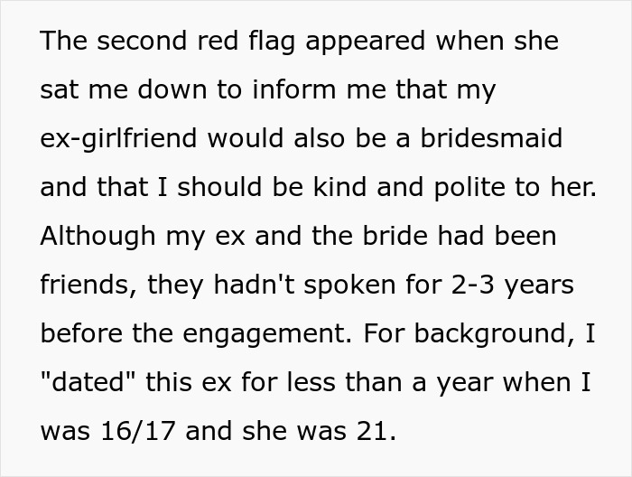 Text about a bridesmaid's red flags concerning a rude, hypocritical bride, including an ex-girlfriend as a bridesmaid. Text about a bridesmaid's red flags concerning a rude, hypocritical bride, including an ex-girlfriend as a bridesmaid.