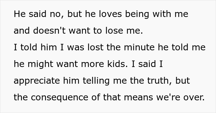 Text showing a breakup conversation about wanting kids, leading to the end of a relationship. Text showing a breakup conversation about wanting kids, leading to the end of a relationship.