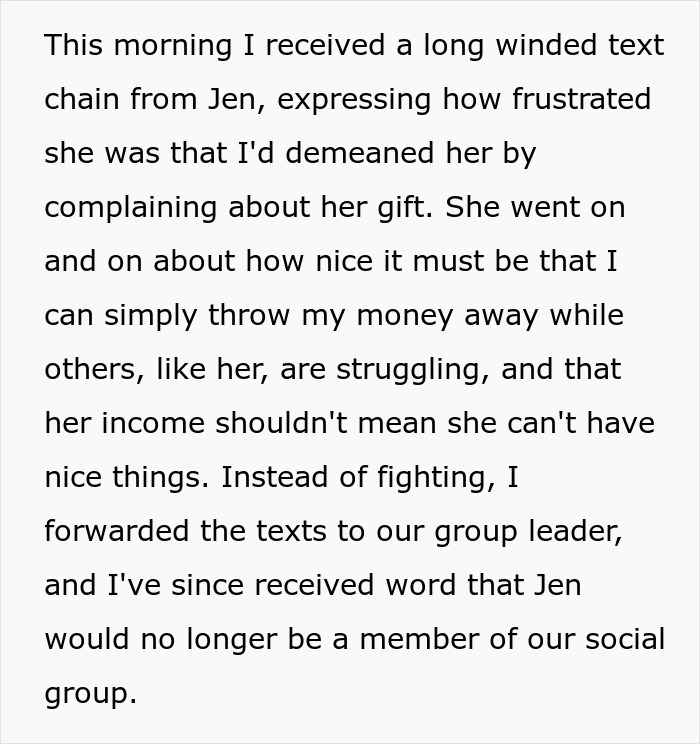 Text exchange reveals drama as lady swindles at gift exchange, leading to expulsion from the club. Text exchange reveals drama as lady swindles at gift exchange, leading to expulsion from the club.