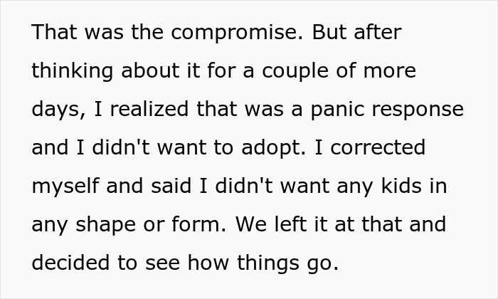 Text discussing a couple facing a big decision about having kids, expressing doubts and reconsidering adoption. Text discussing a couple facing a big decision about having kids, expressing doubts and reconsidering adoption.