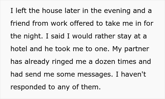 Text about a person leaving home, staying at a hotel, and ignoring partner's calls and messages after finding a photo. Text about a person leaving home, staying at a hotel, and ignoring partner's calls and messages after finding a photo.