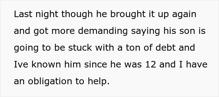 Text about a man discussing his son's potential debt and feeling obligated to help. Text about a man discussing his son's potential debt and feeling obligated to help.