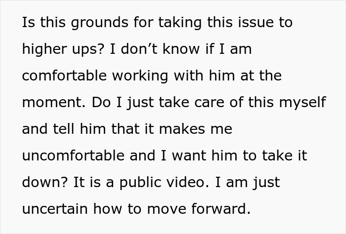 Text discussing discomfort with a coworker's internet trend involving her photo for implying attraction. Text discussing discomfort with a coworker's internet trend involving her photo for implying attraction.