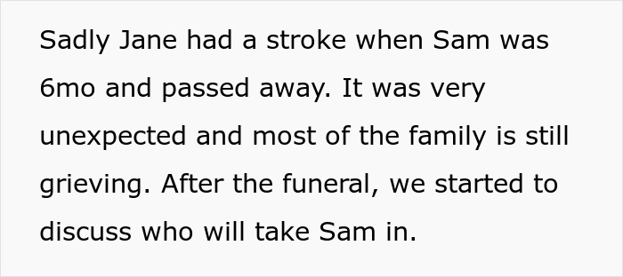 Text about family grieving after a sibling's death and discussing baby adoption. Text about family grieving after a sibling's death and discussing baby adoption.