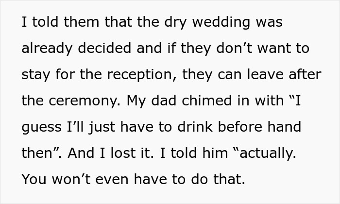 Text conversation about a dry wedding and family disagreement over drinking. Text conversation about a dry wedding and family disagreement over drinking.