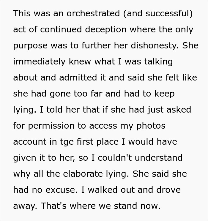 Text discusses a husband's realization of his wife's secret monitoring of his spending and phone camera roll. Text discusses a husband's realization of his wife's secret monitoring of his spending and phone camera roll.