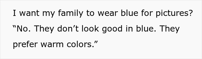 Text conversation about family color preferences related to a dry wedding disagreement. Text conversation about family color preferences related to a dry wedding disagreement.